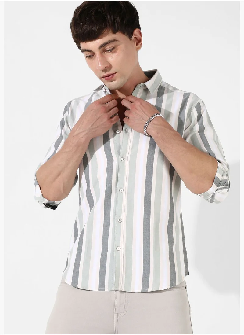 Campus Sutra Striped Spread Collar Long Sleeve Shirt