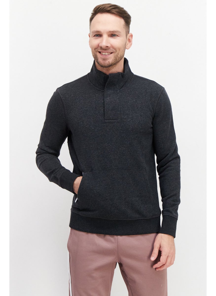 Fourlaps - Men High Neck Heather Long Sleeve Sweatshirt, Dark Grey Heather - Image 1