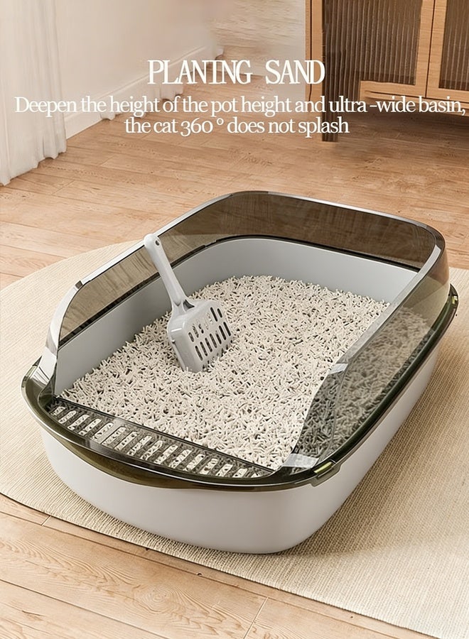 صندوق فضلات غربلة شبه مغلق، صندوق فضلات القطط عالي الجوانب مضاد للرذاذ مع ملعقة، صينية تنظيف القطط الأليفة، صينية فضلات مفتوحة من الأعلى، صينية فضلات القطط، مرحاض القطط (رمادي) - Image 4