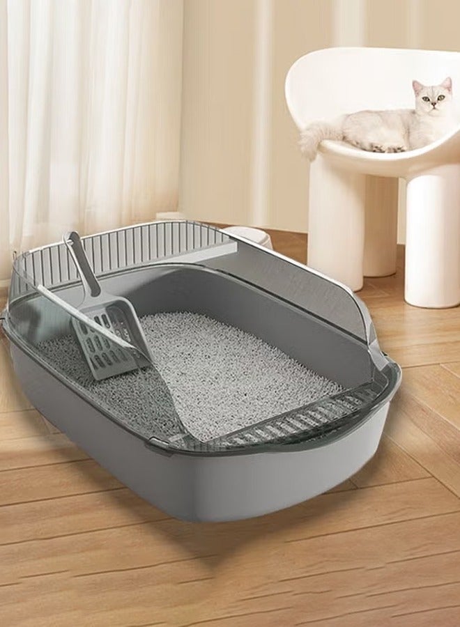 صندوق فضلات غربلة شبه مغلق، صندوق فضلات القطط عالي الجوانب مضاد للرذاذ مع ملعقة، صينية تنظيف القطط الأليفة، صينية فضلات مفتوحة من الأعلى، صينية فضلات القطط، مرحاض القطط (رمادي) - Image 1