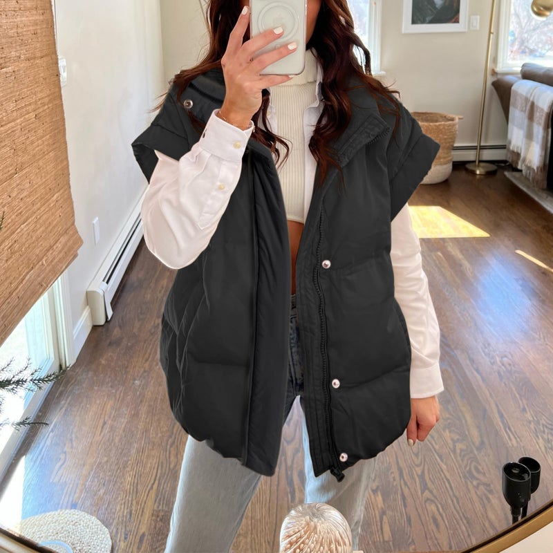 Songling Womens Oversized Puffer Vest Stand Collar Full Zip Sleeveless Bubble Puffer Vest Quilted Padded Warm Coat Outwear (Black,XS) - Image 3