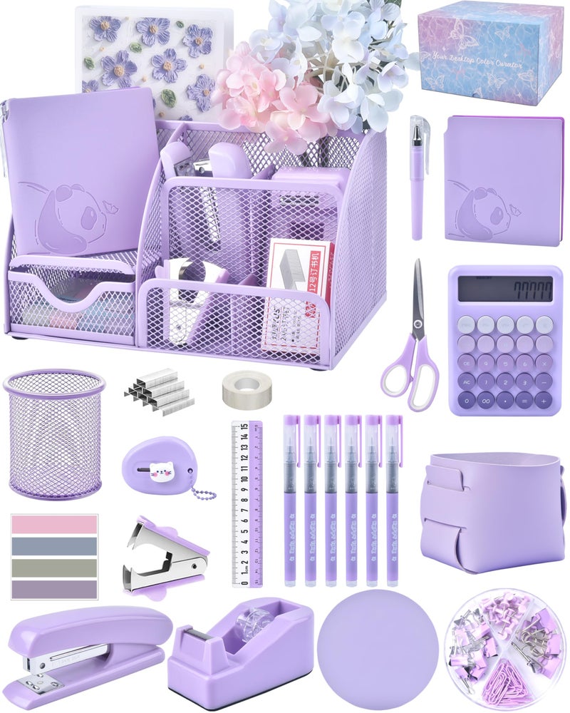 Vamrak 23pc Purple Desk Accessories and Organizers with Mesh Organizer Stapler Tape Dispenser Calculator and a Lot of Office Purple Office Supplies Beautifully Presented in a Gift Box - Image 1