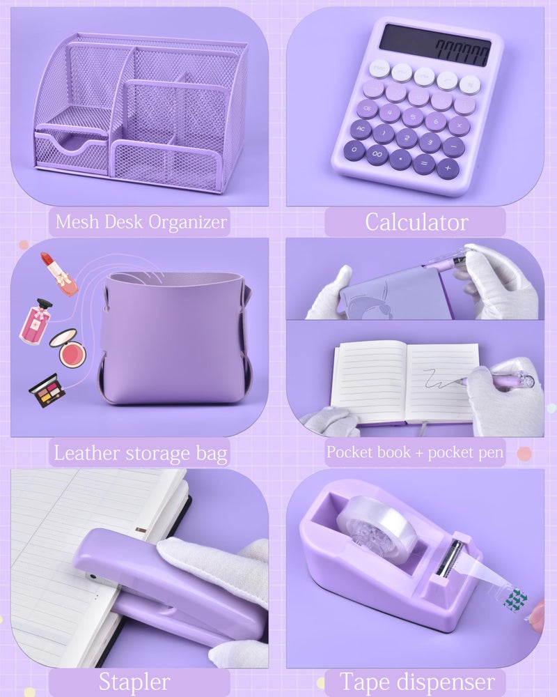 Vamrak 23pc Purple Desk Accessories and Organizers with Mesh Organizer Stapler Tape Dispenser Calculator and a Lot of Office Purple Office Supplies Beautifully Presented in a Gift Box - Image 3