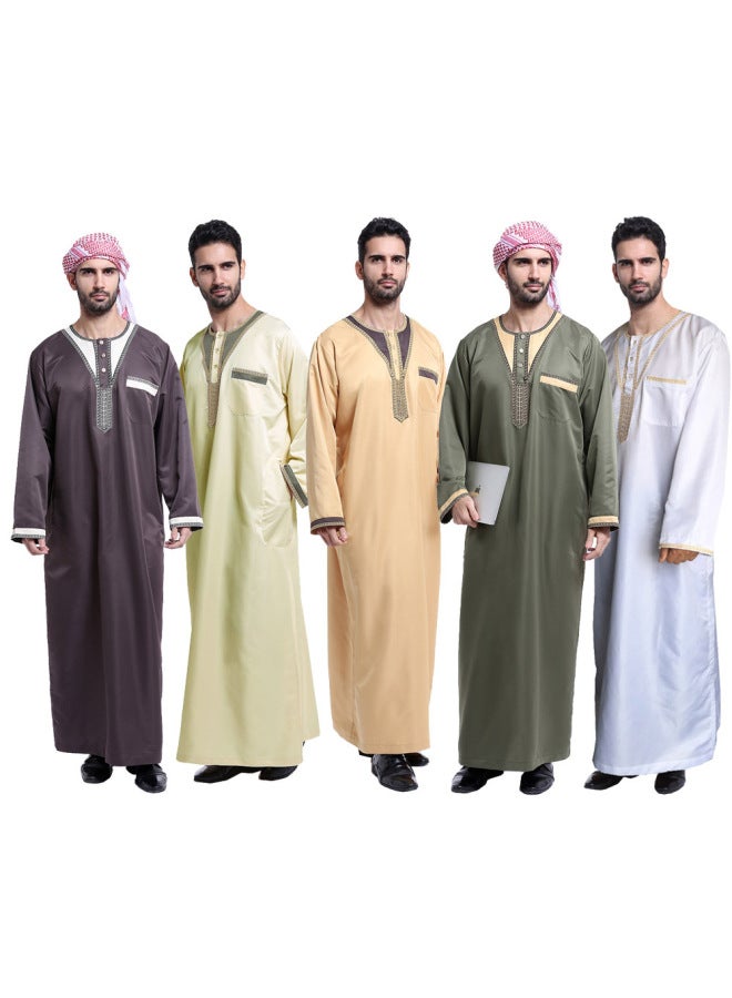 عباية - قميص رجالي طويل بياقة واقفة - بيج - ملابس تقليدية، ملابس إسلامية، زي إسلامي، زي تراثي، قفطان دبي - Image 2
