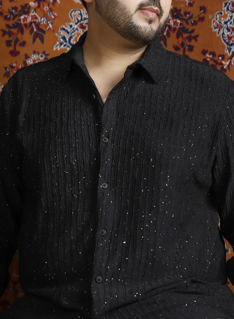 Instafab Plus Instafab Plus Men's Onyx Black Gleam-Tactile Shirt For Casual Wear | Spread Collar | Long Cuffed Sleeves | Button Closure | Plus Size Shirt Crafted With Comfort Fit For Everyday Wear