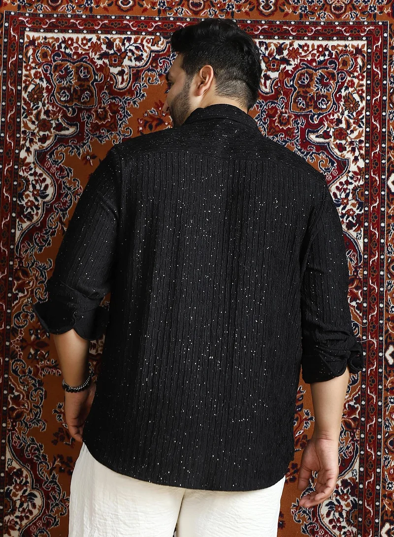 Instafab Plus Instafab Plus Men's Onyx Black Gleam-Tactile Shirt For Casual Wear | Spread Collar | Long Cuffed Sleeves | Button Closure | Plus Size Shirt Crafted With Comfort Fit For Everyday Wear