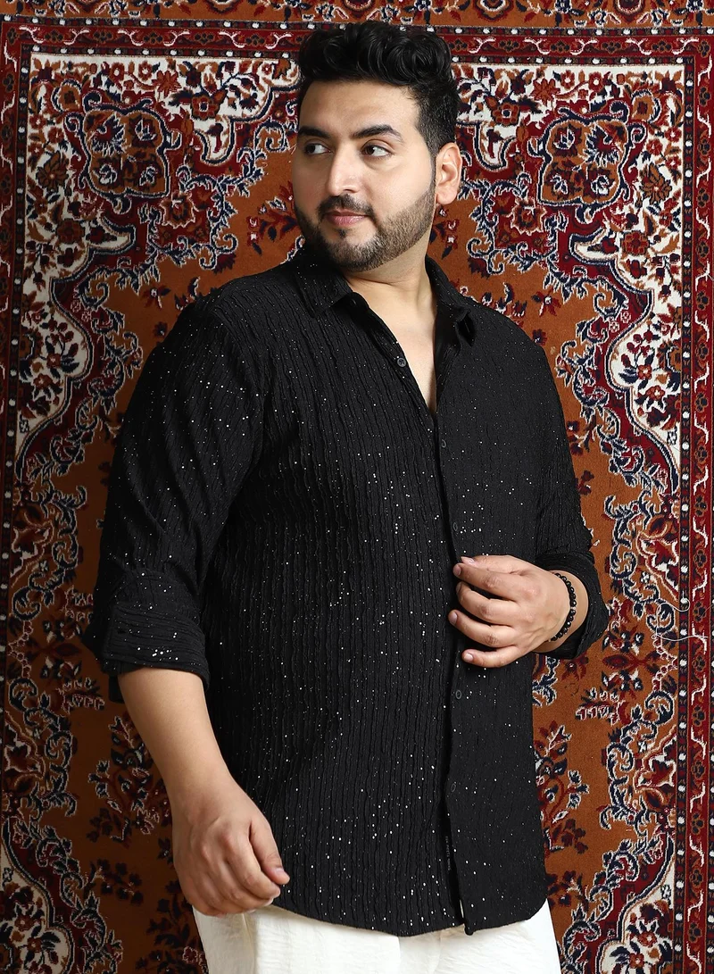 Instafab Plus Instafab Plus Men's Onyx Black Gleam-Tactile Shirt For Casual Wear | Spread Collar | Long Cuffed Sleeves | Button Closure | Plus Size Shirt Crafted With Comfort Fit For Everyday Wear