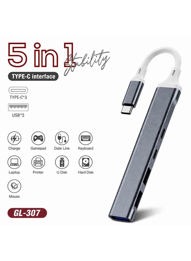 لاكوز محول USB Type-C متعدد المنافذ 5 في 1 مع 3 منافذ USB 3.0، منفذ شحن سريع، قاعدة نقل بيانات، محول متعدد المنافذ لأجهزة الكمبيوتر المحمولة والهواتف الذكية - Image 4