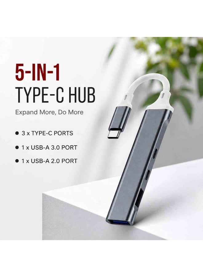 لاكوز محول USB Type-C متعدد المنافذ 5 في 1 مع 3 منافذ USB 3.0، منفذ شحن سريع، قاعدة نقل بيانات، محول متعدد المنافذ لأجهزة الكمبيوتر المحمولة والهواتف الذكية - Image 5
