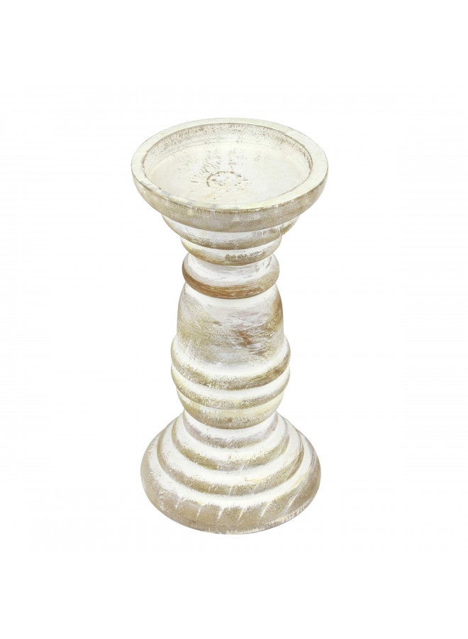 Stonebriar Decorative Worn White Wooden Pillar Candle Holder, Coastal Home Decor, Ocean Inspired Designs for Wedding Decorations, Parties, or Everyday Home, Large 8 Inch - Image 2