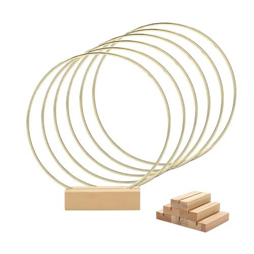 Worown 6 Set 8 inch Floral Hoop Centerpiece with Stand Gold Metal Rings with Wooden Holder Metal Hoop for Table Wreath Decor Wedding Party Wall Hangings 8 Inch Hoops 315 Inch Stands - Image 1