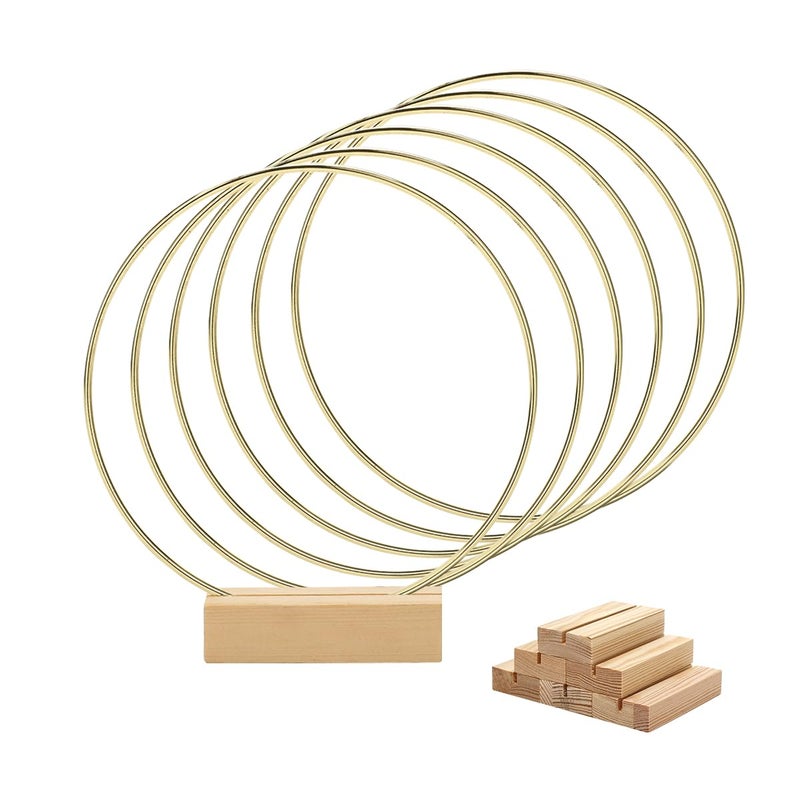 Worown 6 Set 8 inch Floral Hoop Centerpiece with Stand Gold Metal Rings with Wooden Holder Metal Hoop for Table Wreath Decor Wedding Party Wall Hangings 8 Inch Hoops 315 Inch Stands - Image 2