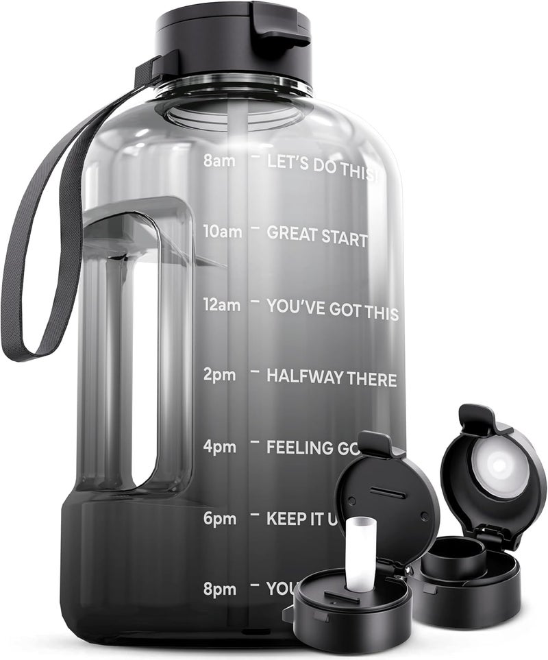 AQUAFIT 128 oz Water Bottle with Time Marker - Straw & Chug Lid - BPA Free 1 Gallon Gym Water Bottle with Handle - Big Gallon Jug (Midnight Gray, 128 Ounces) - Image 1