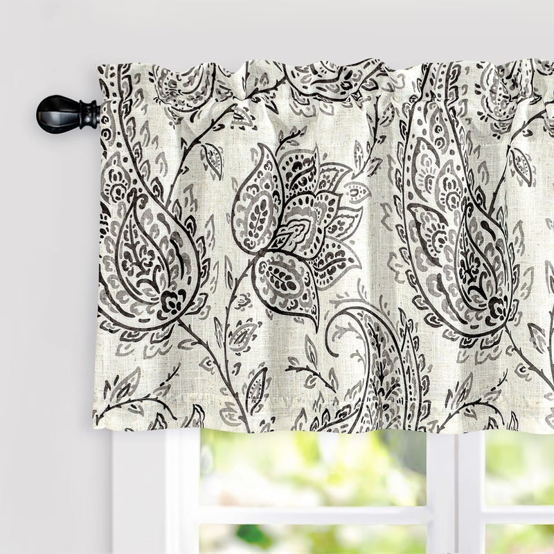 DriftAway Jacob Linen Blend Blackout Valance for Kitchen 18 Inch Length Scroll Floral Paisley Printed Lined Rod Pocket Room Darkening Linen Curtain Valance for Living Room 52x18 Inch Black