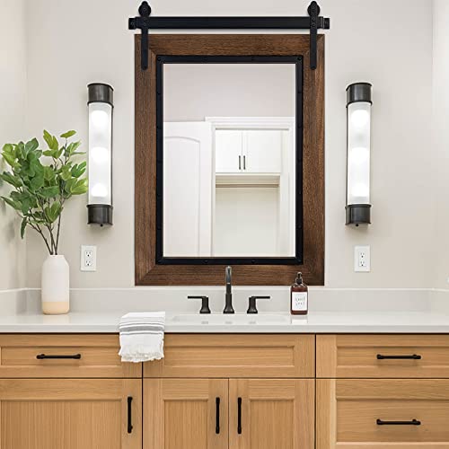 YOSHOOT Farmhouse Barn Door Mirror 32x24 Rustic Bathroom Mirror Wood Frame Wall Mirror Wooden Mirror for Living Room Bedroom Entryway Wall Dcor Vertical Hanging ONLY