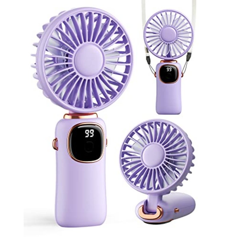 Portable Handheld Fan, 4000mAh Battery Operated 3 in 1 Multifunction Personal Travel Fans with Digital Display, 90° Foldable Desk Fan with Base, 5 Speed Lash Fan for Makeup/Commute/Office - Image 1