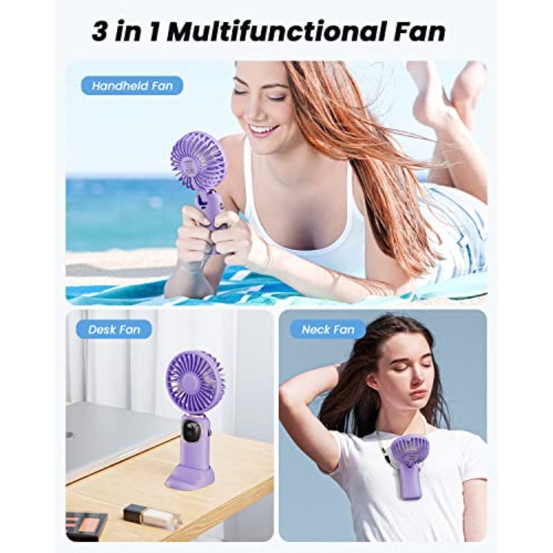 Portable Handheld Fan, 4000mAh Battery Operated 3 in 1 Multifunction Personal Travel Fans with Digital Display, 90° Foldable Desk Fan with Base, 5 Speed Lash Fan for Makeup/Commute/Office - Image 2