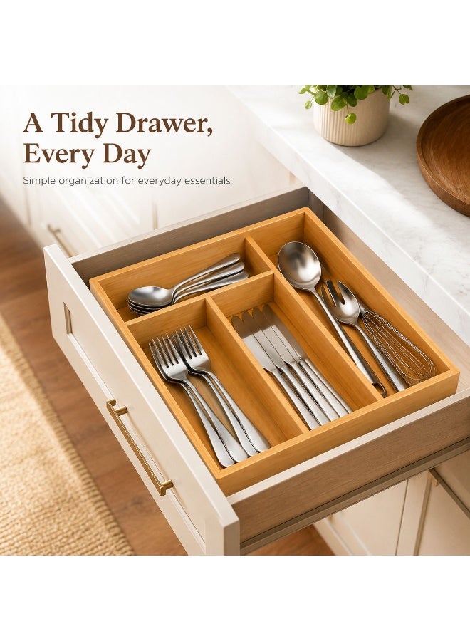 Bamboo Cutlery Drawer Organizer – 4 Compartment Kitchen Utensil Tray, Wooden Silverware Organizer for Spoons, Forks & Knives, Space-Saving Drawer Storage (12.6 x 9.8 Inch) - Image 2