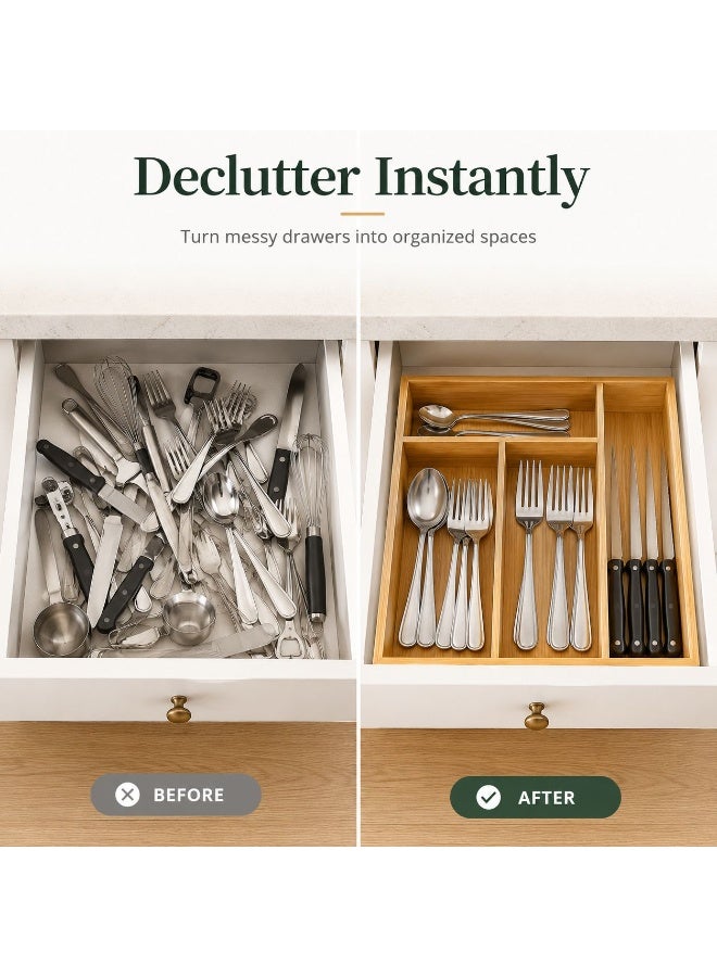 Bamboo Cutlery Drawer Organizer – 4 Compartment Kitchen Utensil Tray, Wooden Silverware Organizer for Spoons, Forks & Knives, Space-Saving Drawer Storage (12.6 x 9.8 Inch) - Image 4