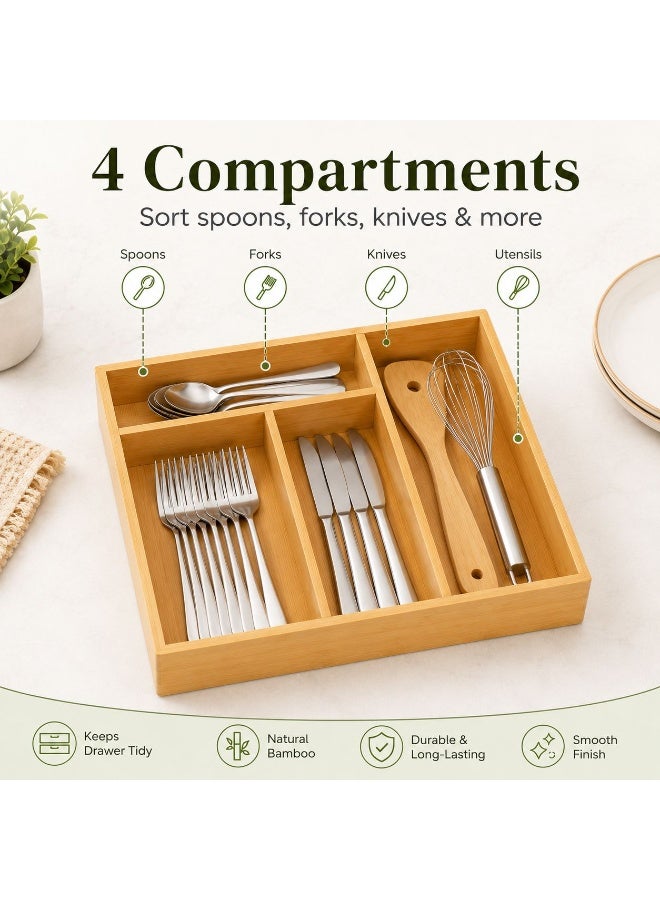 Bamboo Cutlery Drawer Organizer – 4 Compartment Kitchen Utensil Tray, Wooden Silverware Organizer for Spoons, Forks & Knives, Space-Saving Drawer Storage (12.6 x 9.8 Inch) - Image 1