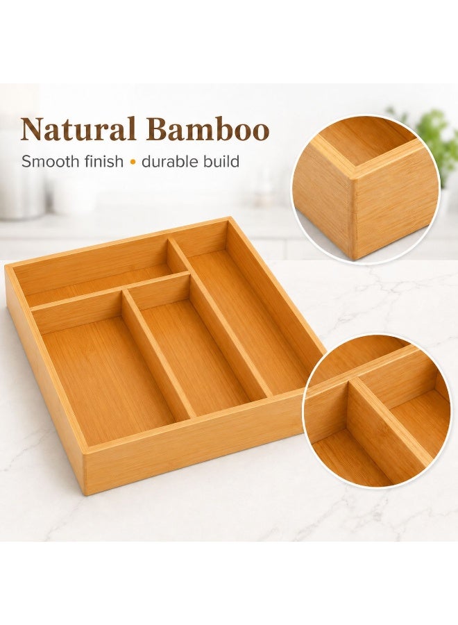 Bamboo Cutlery Drawer Organizer – 4 Compartment Kitchen Utensil Tray, Wooden Silverware Organizer for Spoons, Forks & Knives, Space-Saving Drawer Storage (12.6 x 9.8 Inch) - Image 5