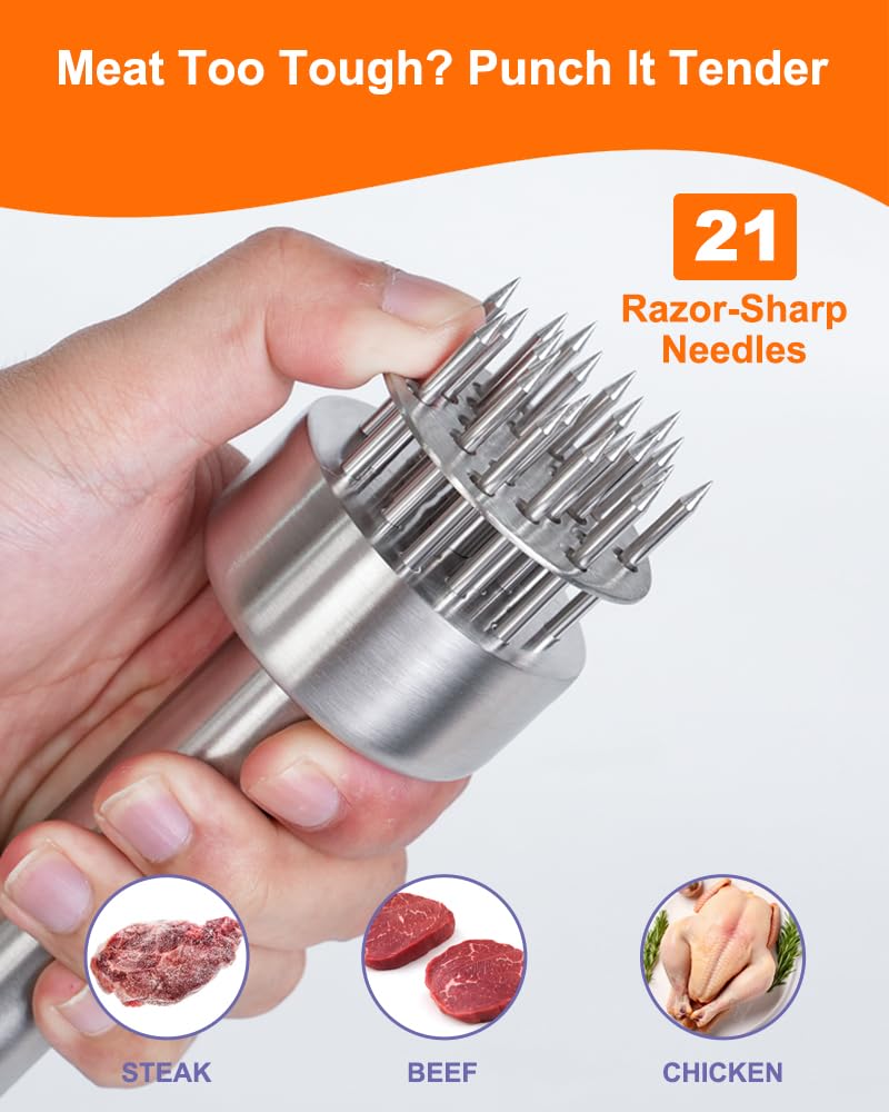 Brigii Meat Tenderizer Tool, 304 Stainless Steel, with 21 Needles & Retractable Safety Guard, for Tenderizing Beef, Turkey, Chicken, Steak, Dishwasher Safe - Image 3