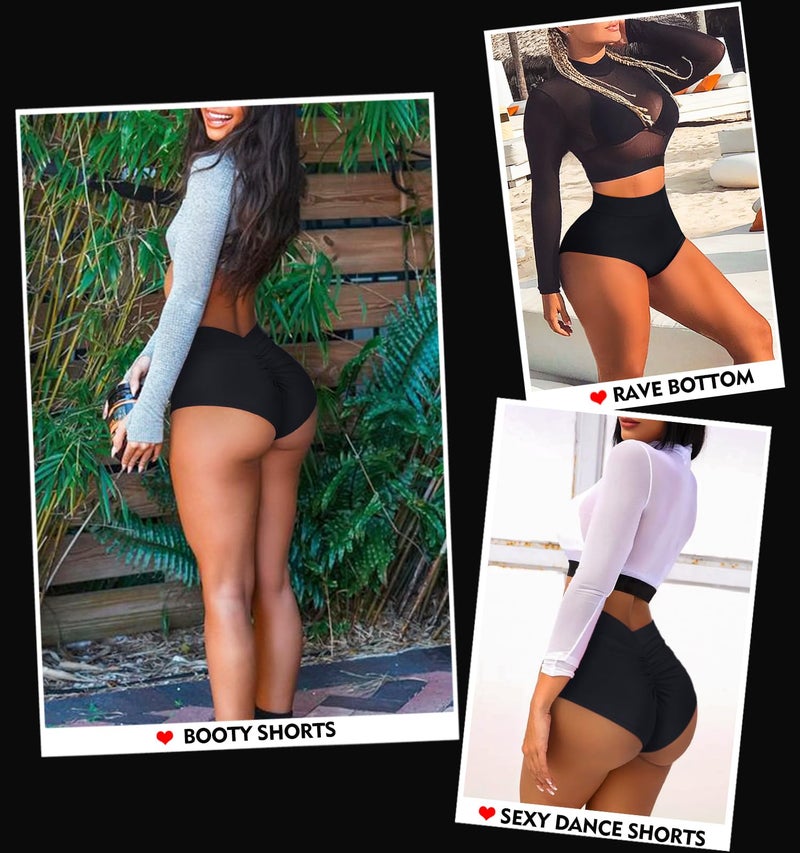 Boudaner Women's Booty Shorts-High Waist V Back Yoga Shorts- Spandex Dance Hot Pants Butt Lifting Rave Bottoms Black - Image 2