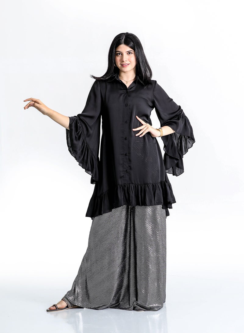 Black Kurti with Designer Sleeve and Grey Lehnga