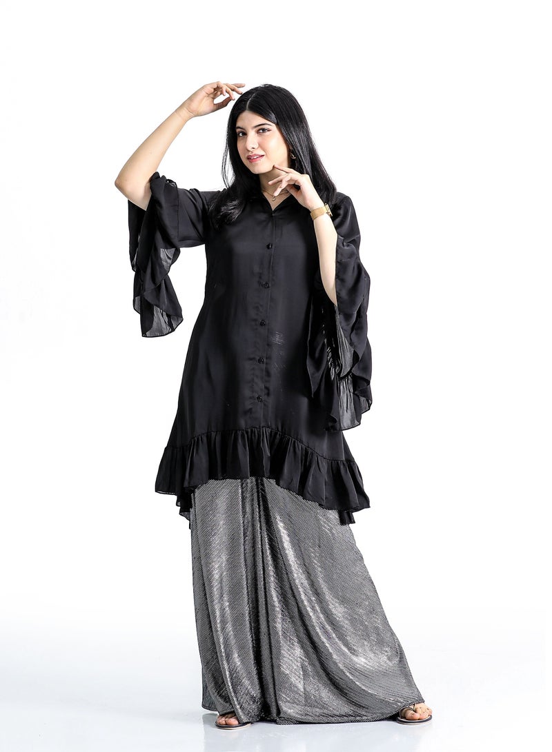 Black Kurti with Designer Sleeve and Grey Lehnga