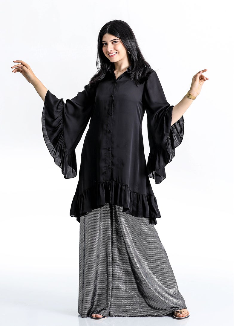 Black Kurti with Designer Sleeve and Grey Lehnga