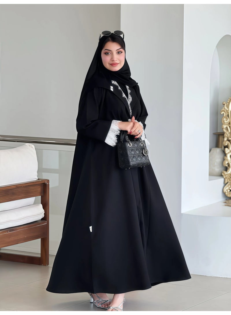 عباية سرداب نص كلوش بأزرار أمامية من قماش كتان لمار، أسود، مع طرحة ونقاب - Image 1