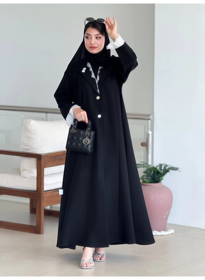 عباية سرداب نص كلوش بأزرار أمامية من قماش كتان لمار، أسود، مع طرحة ونقاب - Image 2
