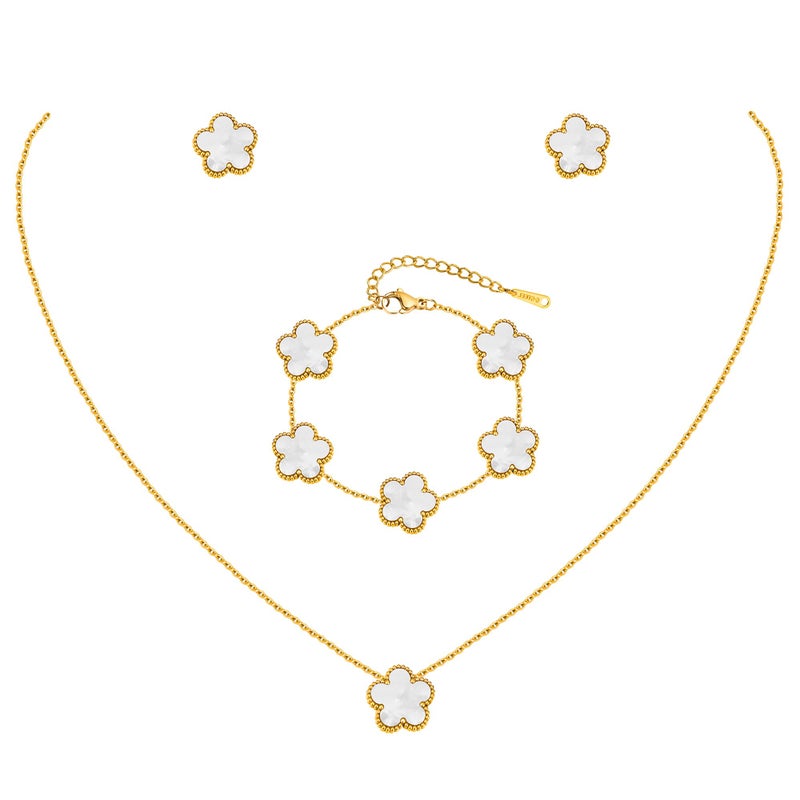 MPRAINBOW Gold Necklaces Bracelets Earring Set - 18K Gold Plated Flower Bracelet Chain,Stainless Steel Non Tarnish Floral Pendant Stud Jewelry Sets,Christmas Birthday Lucky Gift for Mom Wife Daughter Girlfriend - Image 1