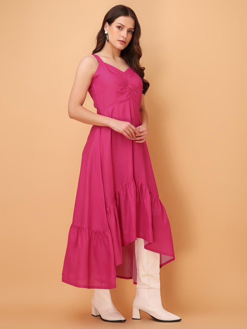 PURVAJA Women’s V-Neck Ruffle Cotton Blend Dress (Floe-053-M_Pink) - Image 2