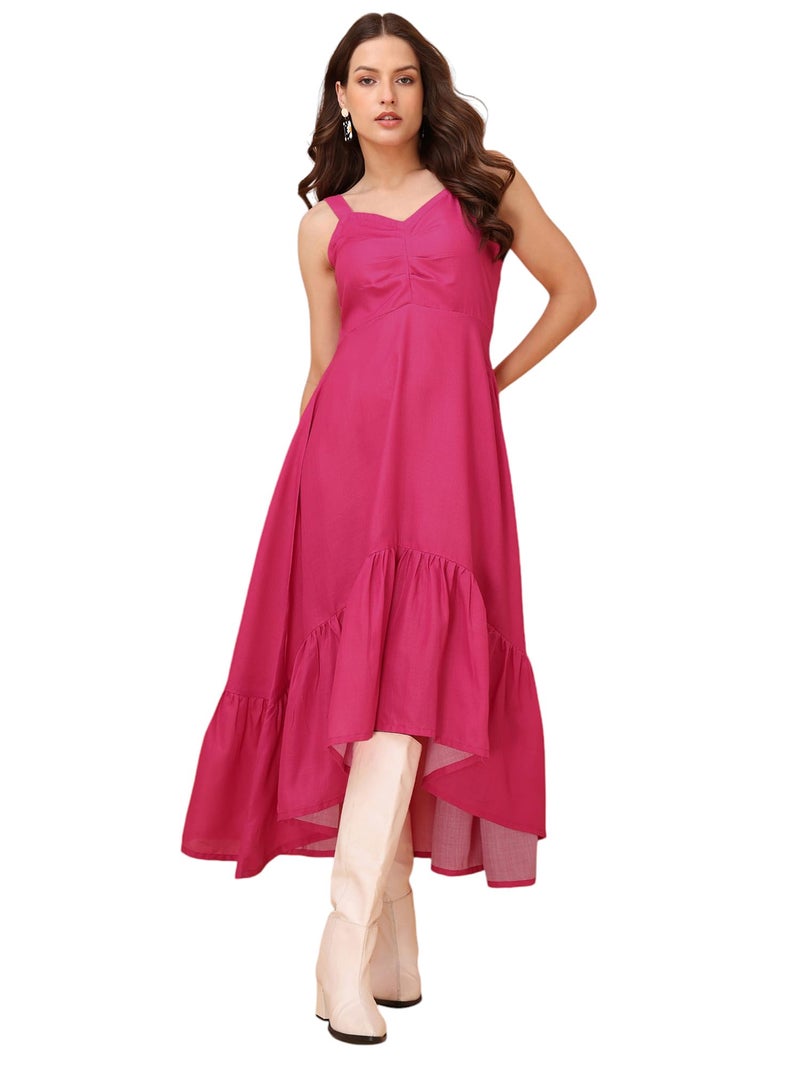 PURVAJA Women’s V-Neck Ruffle Cotton Blend Dress (Floe-053-M_Pink) - Image 1