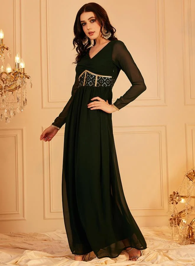 STREET 9 Embellished V-Neck Long Sleeve Maxi Ethnic Dress