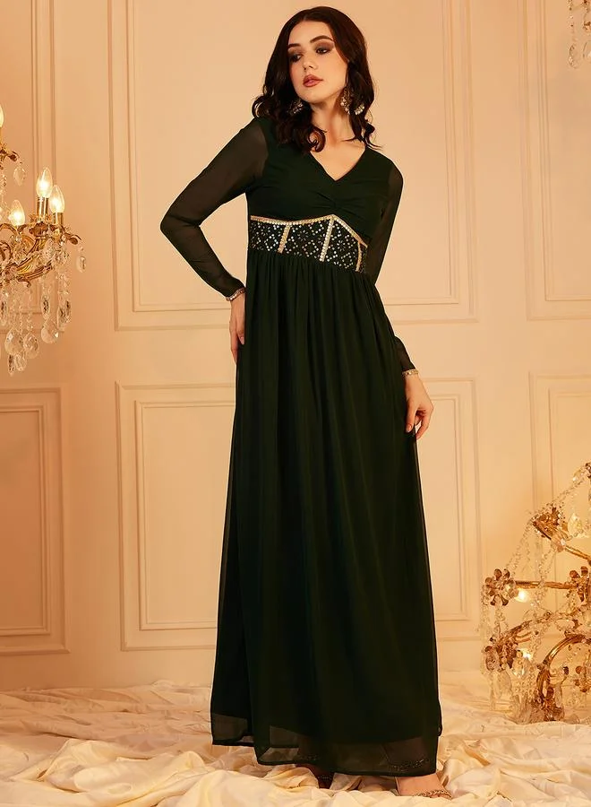 STREET 9 Embellished V-Neck Long Sleeve Maxi Ethnic Dress