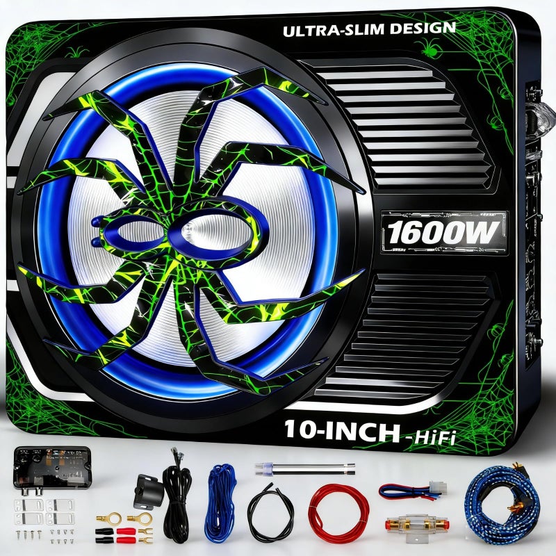 WDiYA 2026 Upgraded 1600W Car Subwoofer, 10" Ultra-Thin Under-Seat Sub with Built-in Amplifier, (LPF/Gain/Bass Boost) LED Ambient Lights, Independent Bass Knob, Distortion-Free Deep Bass - Image 1