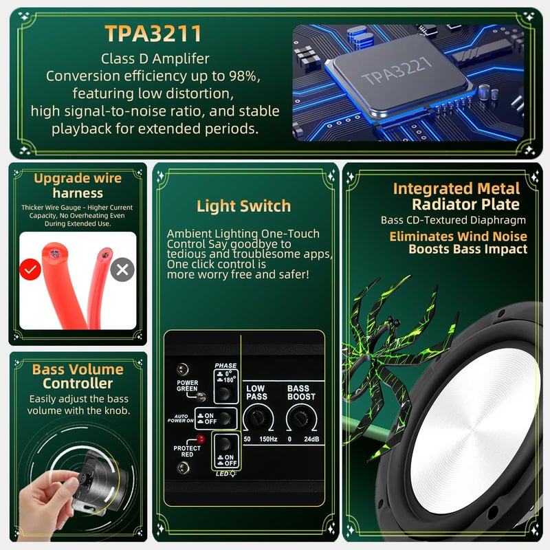 WDiYA 2026 Upgraded 1600W Car Subwoofer, 10" Ultra-Thin Under-Seat Sub with Built-in Amplifier, (LPF/Gain/Bass Boost) LED Ambient Lights, Independent Bass Knob, Distortion-Free Deep Bass - Image 4