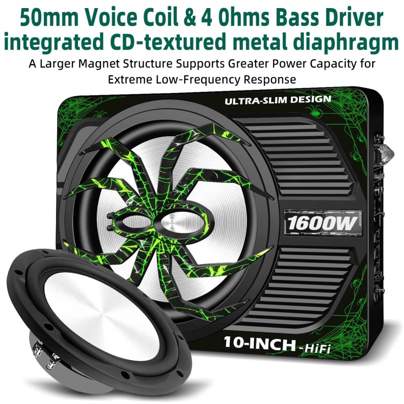 WDiYA 2026 Upgraded 1600W Car Subwoofer, 10" Ultra-Thin Under-Seat Sub with Built-in Amplifier, (LPF/Gain/Bass Boost) LED Ambient Lights, Independent Bass Knob, Distortion-Free Deep Bass - Image 3