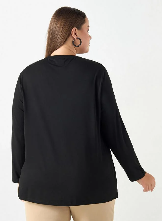 Ulla Popken Plus Size Ulla Popken Embellished T-shirt with Long Sleeves and Round Neck