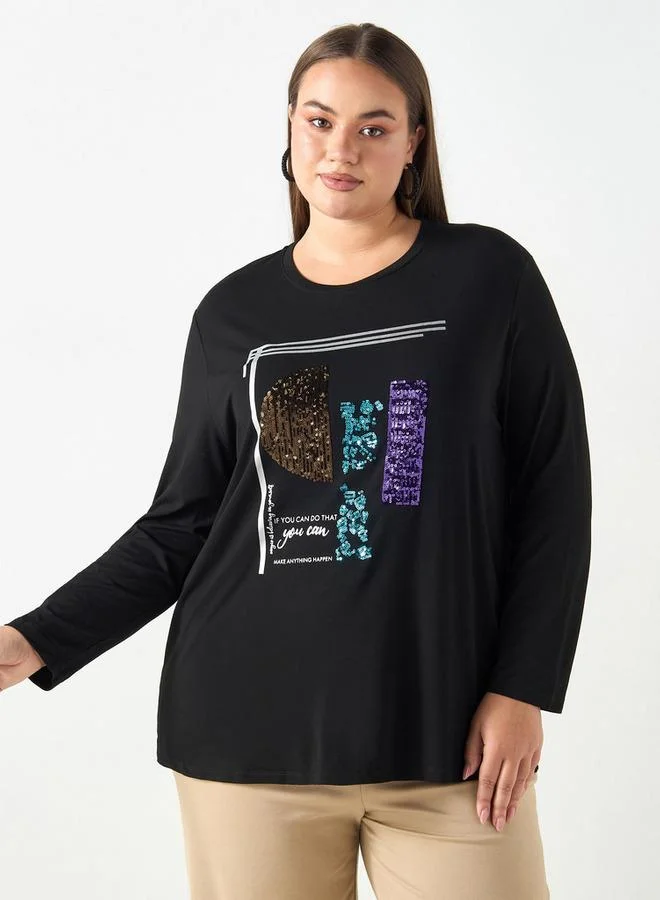 Ulla Popken Plus Size Ulla Popken Embellished T-shirt with Long Sleeves and Round Neck