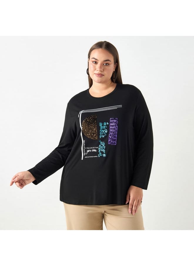 Ulla Popken Plus Size Ulla Popken Embellished T-shirt with Long Sleeves and Round Neck  - Image 1