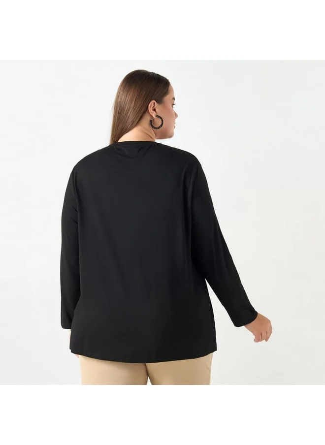 Ulla Popken Plus Size Ulla Popken Embellished T-shirt with Long Sleeves and Round Neck