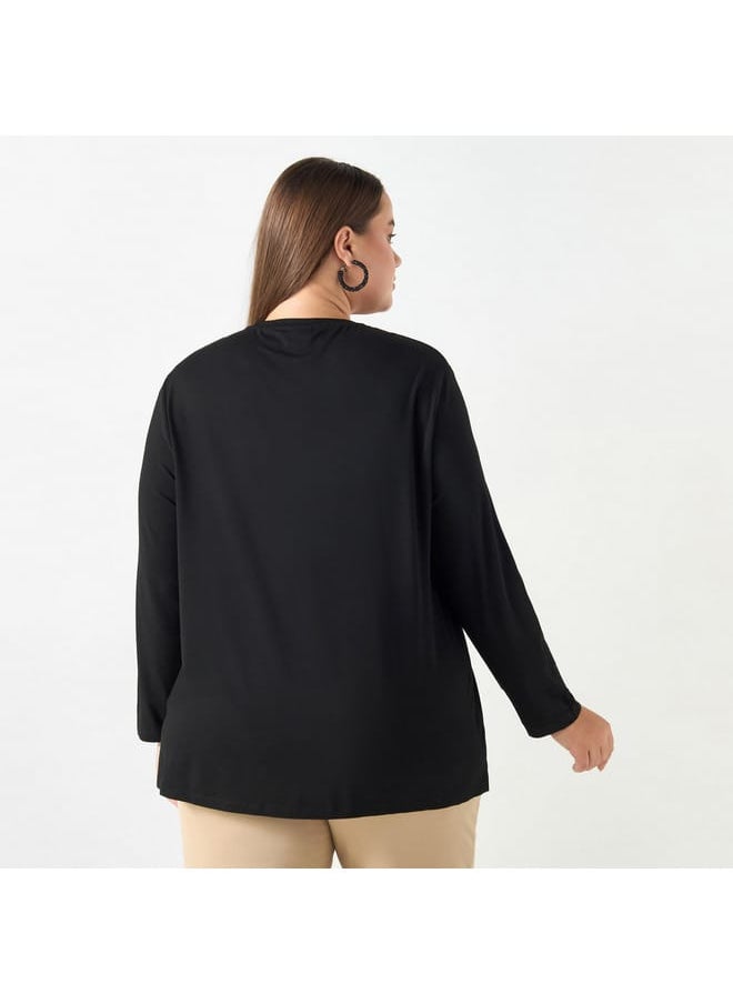 Ulla Popken Plus Size Ulla Popken Embellished T-shirt with Long Sleeves and Round Neck  - Image 2