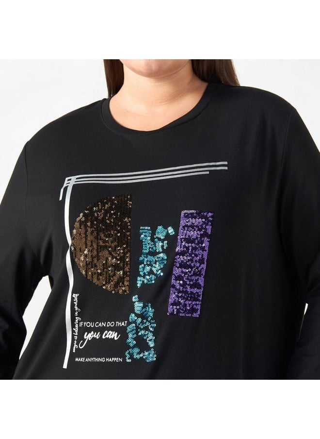 Ulla Popken Plus Size Ulla Popken Embellished T-shirt with Long Sleeves and Round Neck  - Image 4