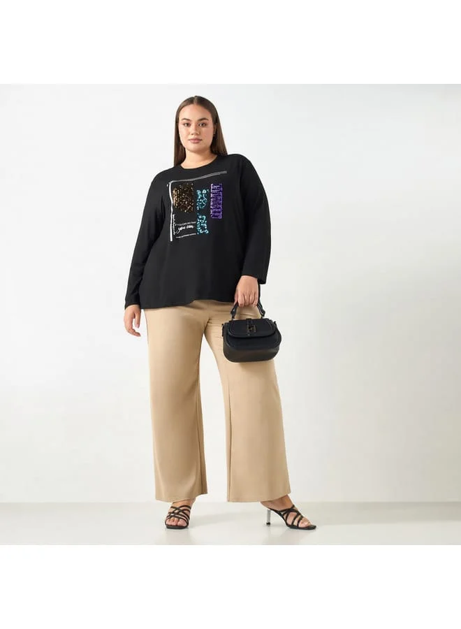 Ulla Popken Plus Size Ulla Popken Embellished T-shirt with Long Sleeves and Round Neck
