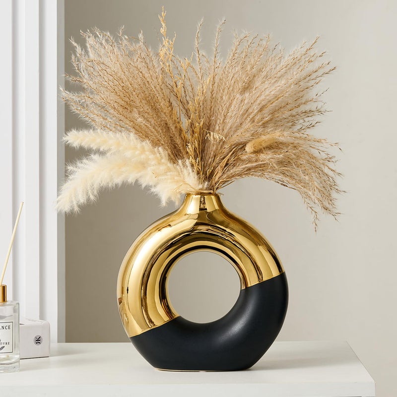 FJS Ceramic Donut Vase 8 L x 8 H Black and Gold Round Vase for Pampas Grass Nordic Modern Vases for Decor Ceramic Vase Centerpieces for Wedding Bedroom Living Room Coffee Table Office