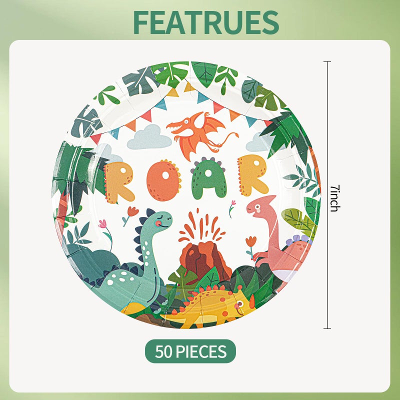 Hfbobp 50Pcs Dinosaur Party Plates Birthday Decorations  7Inch Dinosaur Theme Paper Dessert Plates Disposable Tableware Set For Birthday Baby Shower Party Supplies - Image 3