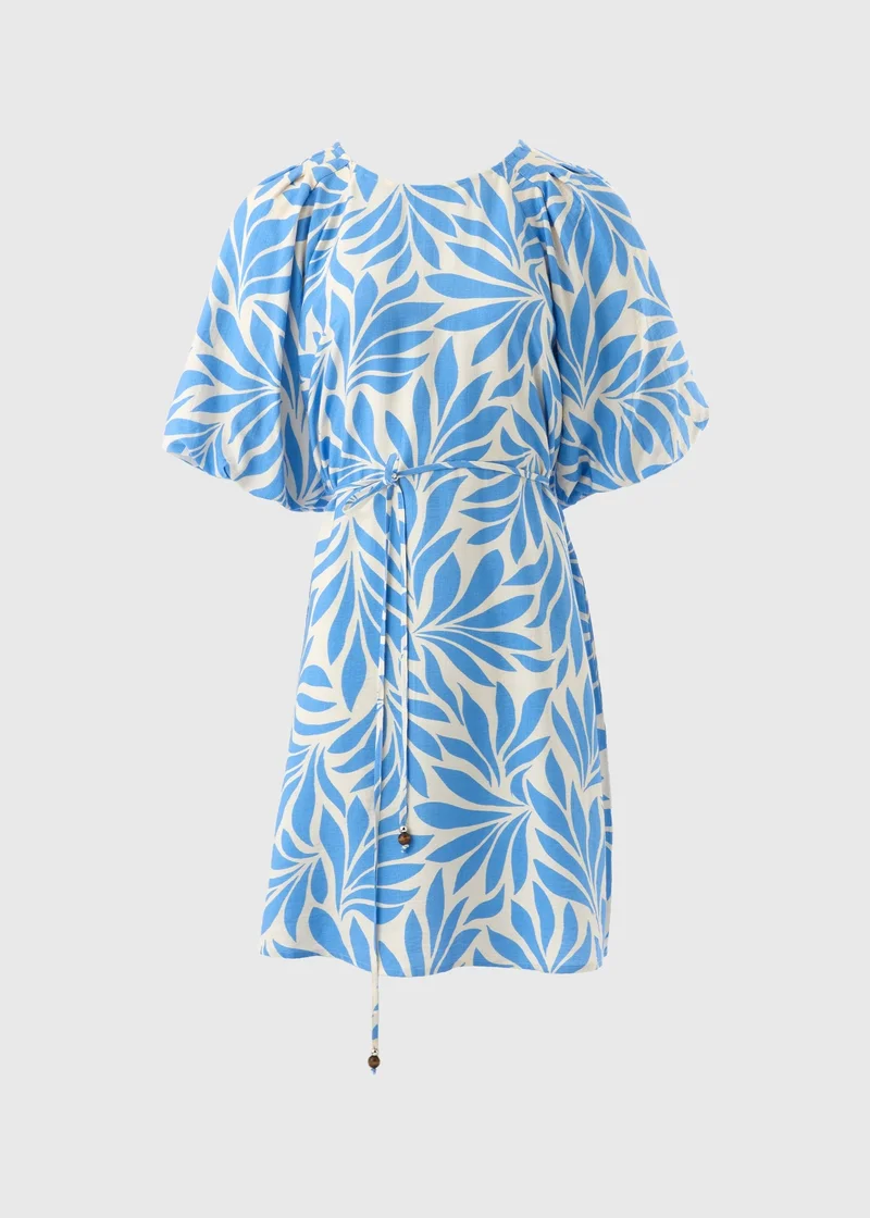 Matalan Et Vous Blue Palm Tie Waist Mini Dress